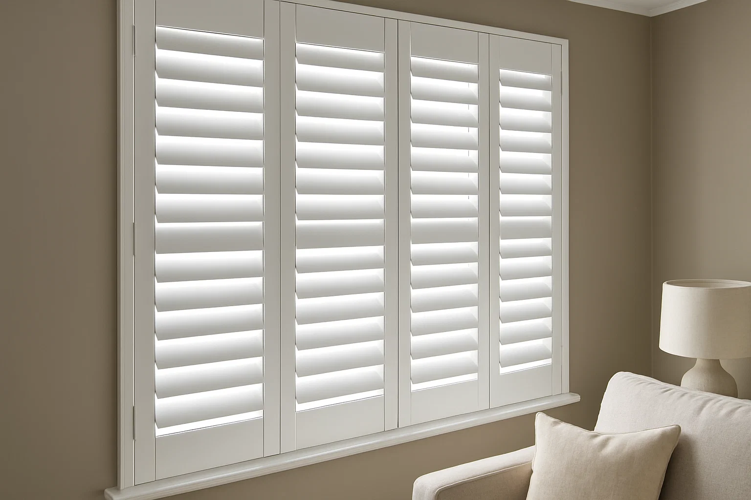 Soft neutral wall colours paired with white plantation shutters in a UK home