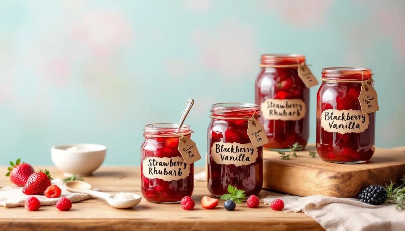 Seasonal fruit jams in jars, perfect for gifting or enjoying at home.