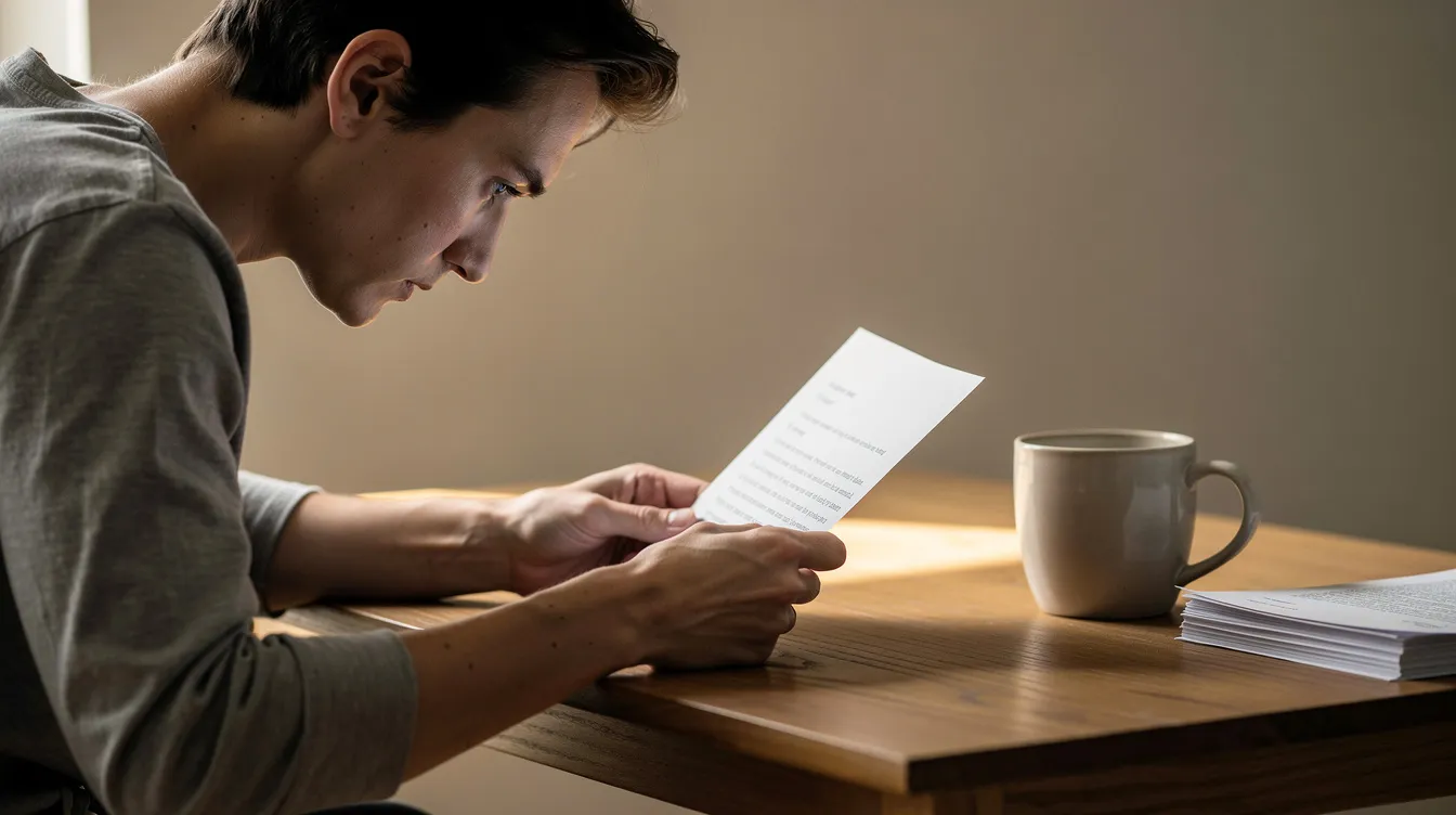 A person is focused on reading a printed letter at a simple wooden desk, which could contain important information regarding their financial assistance or a bank loan application under the Mudra Yojana scheme. The setting suggests a quiet moment of contemplation, possibly related to their business plan or credit needs for a small enterprise.