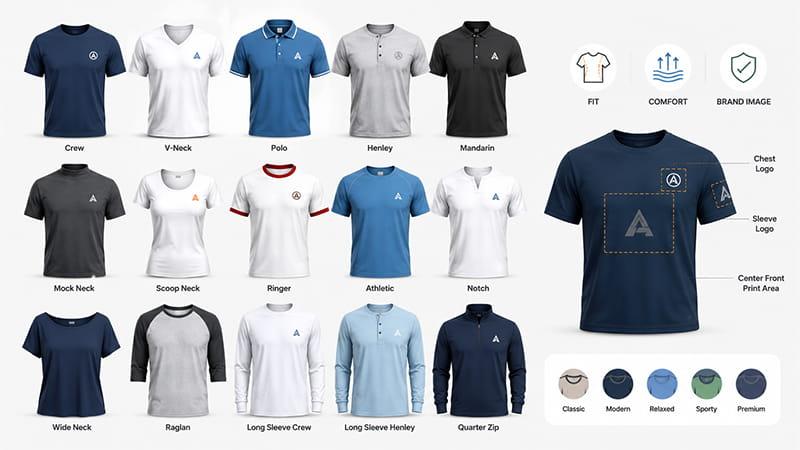 Shirt neck types guide showing crew neck, V-neck, polo, Henley, Mandarin collar, mock neck, and logo placement areas.