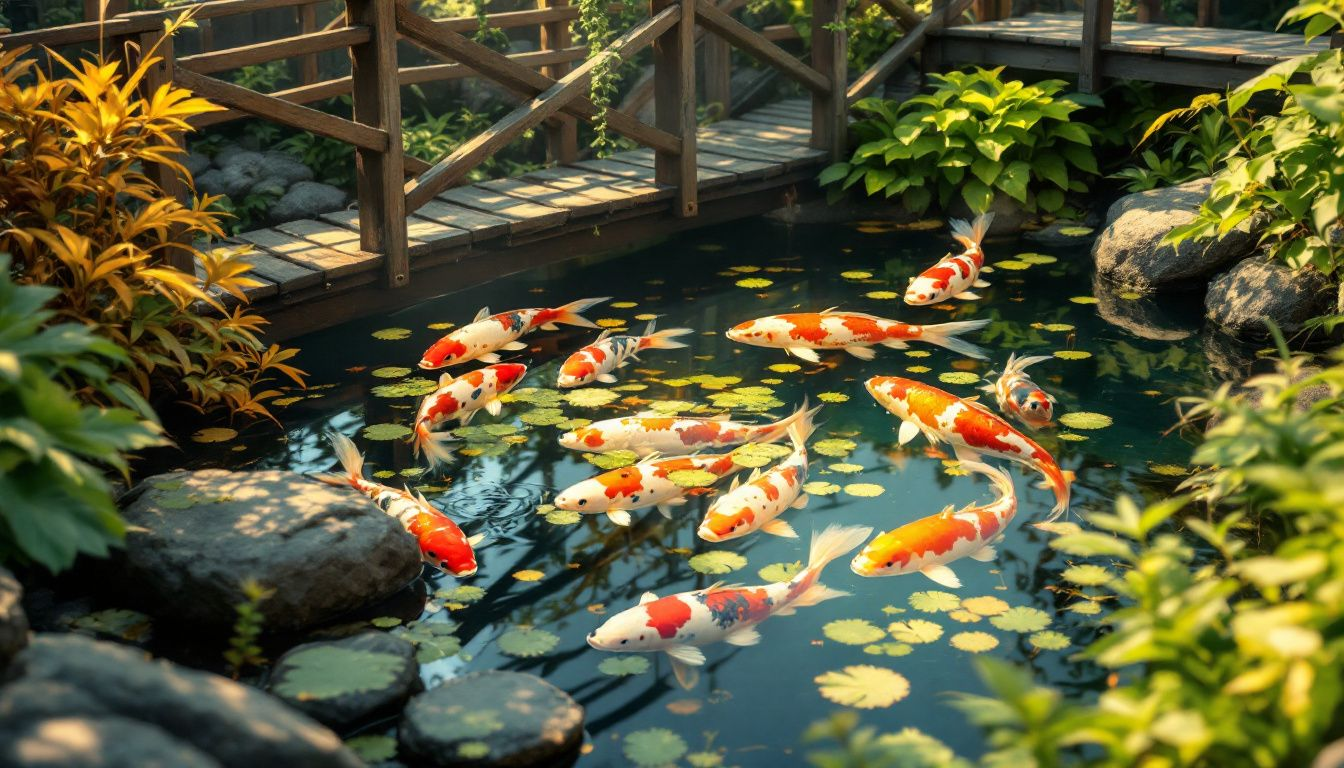 A koi pond with protective barriers around aquatic plants, demonstrating effective plant protection strategies.