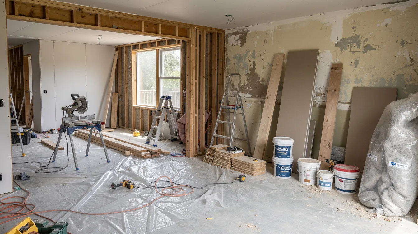 The image depicts a residential property undergoing renovation, with various construction tools and materials scattered around, indicating active work on the premises. This investment property may be part of a rental portfolio, highlighting the potential for generating rental income once renovations are complete.