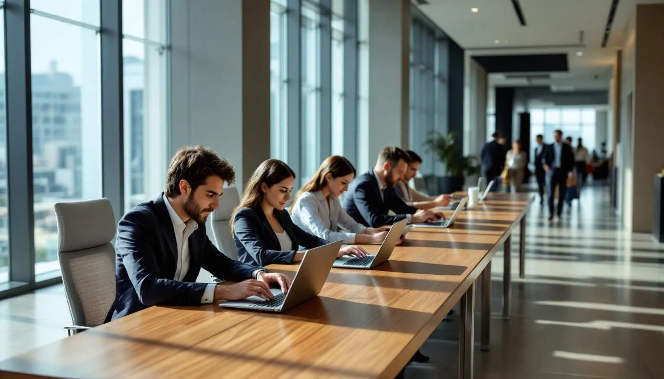 In a modern hotel lobby, several business travelers are engaged in work on laptops and mobile devices, highlighting the importance of hotel market segmentation to cater to corporate guests. This scene illustrates the hospitality industry's focus on creating a conducive environment for different market segments, particularly for those seeking efficient workspaces while traveling.