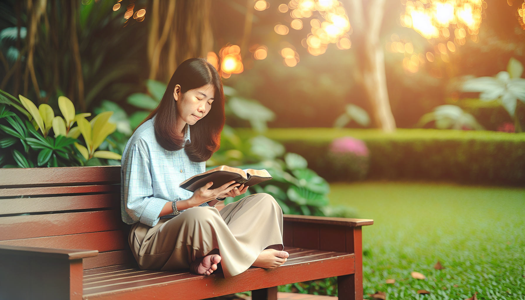 Woman reading the Bible and praying in a quiet, peaceful setting