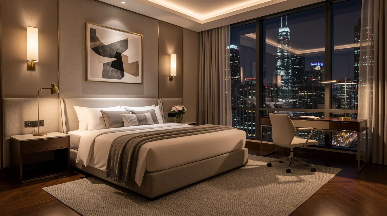 The image depicts an elegantly furnished luxury hotel room featuring a spacious king-size bed, a stylish designer desk, and expansive floor-to-ceiling windows that offer a stunning view of the city skyline. This room exemplifies guest comfort and satisfaction, showcasing high-quality materials and attention to detail in the hotel industry.