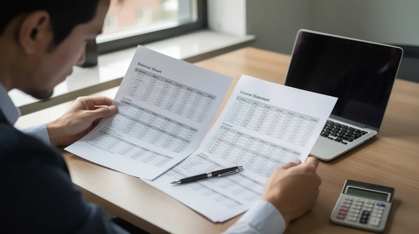 A person is seated at a table, meticulously comparing two financial documents side by side, which may include a loan approval letter and a bank statement, to ensure accuracy and verify details related to their business loans and repayment capacity. The focus on these documents suggests they are preparing for an application under the Pradhan Mantri Mudra Yojana scheme or assessing their eligibility criteria for funding.