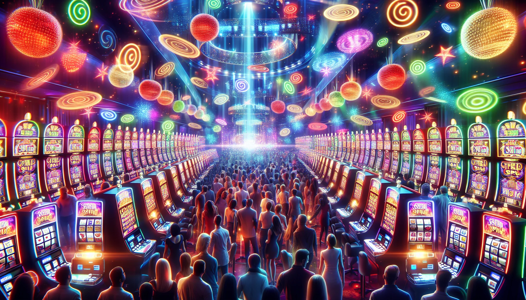 Illustrasjon av et kasino med spilleautomater og gratisspinn-symboler