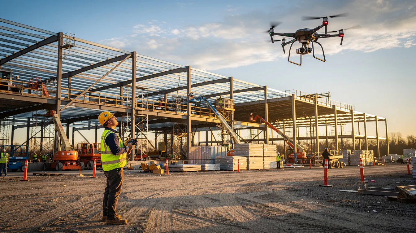 A construction photographer is capturing aerial drone footage of a large warehouse project that is currently underway, showcasing the dynamic progress of construction services. This image highlights the importance of visual content in construction marketing strategies to attract potential customers and enhance brand recognition within the construction industry.