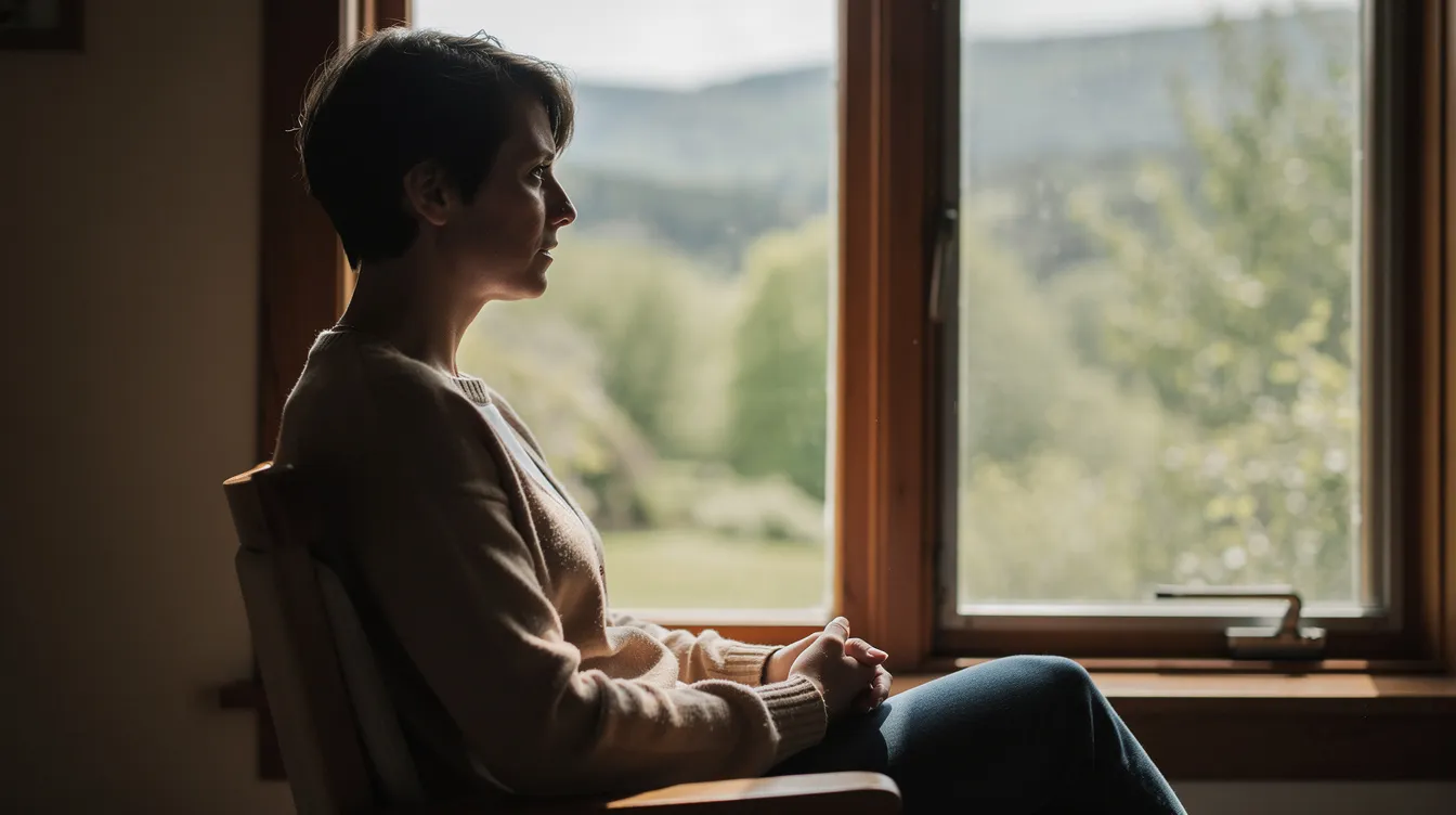 Sorgfaser: vanlige sorgreaksjoner, når du bør søke hjelp og hvordan komme videre 1 En person sitter ved et vindu og ser ut på naturen med en ettertenksom stemning, som kan reflektere vanlige sorgreaksjoner og følelsen av savn og lengsel. Utsikten over den fredelige landskap kan gi rom for tanker om livet og tapet av kjære.