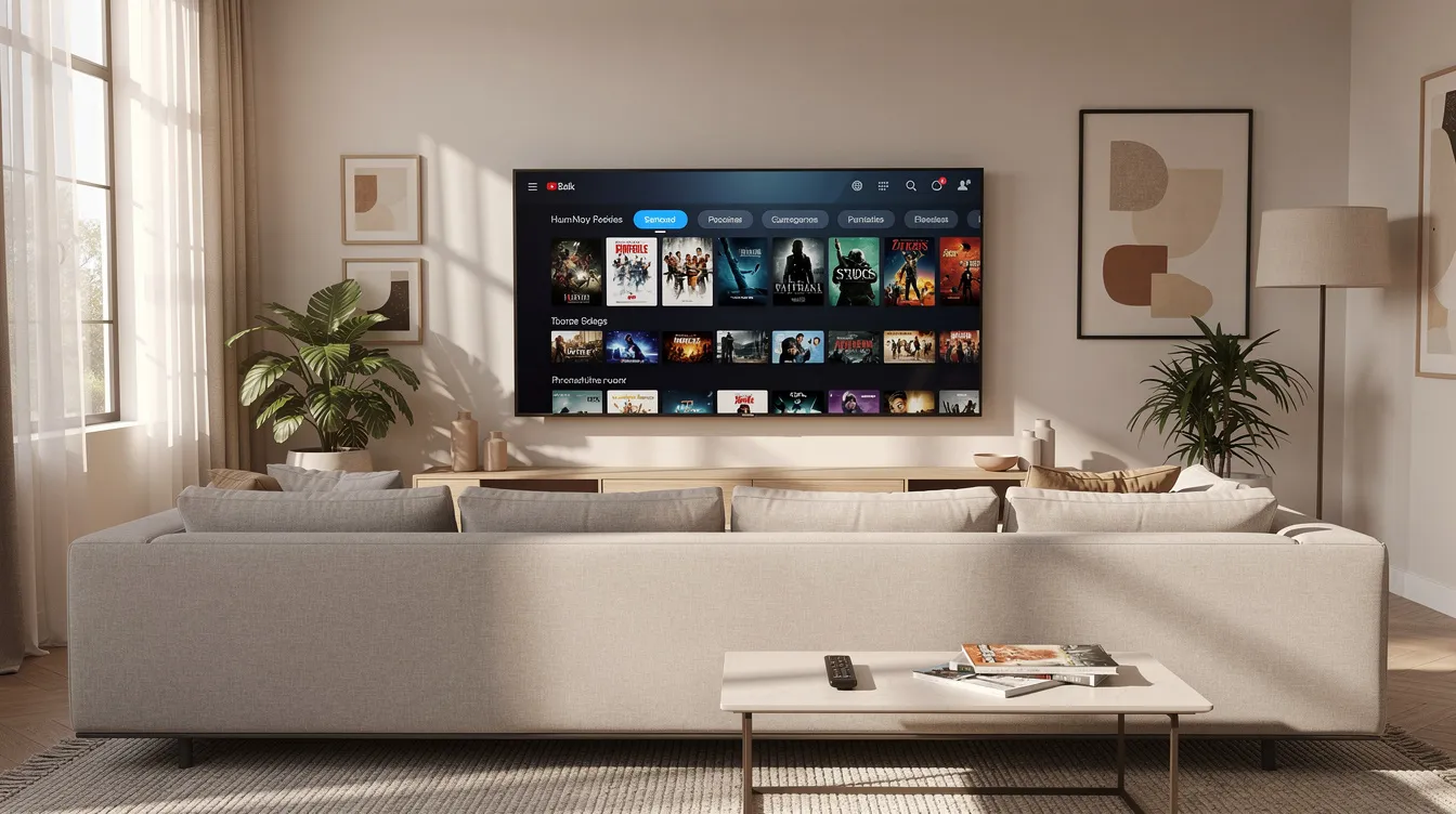 A modern living room features a large smart TV showcasing a vibrant streaming interface, ideal for accessing live TV channels and on-demand content through various IPTV services. The sleek design and user-friendly layout of the interface enhance the viewing experience, making it easy for users to navigate through extensive libraries and enjoy high-quality entertainment.