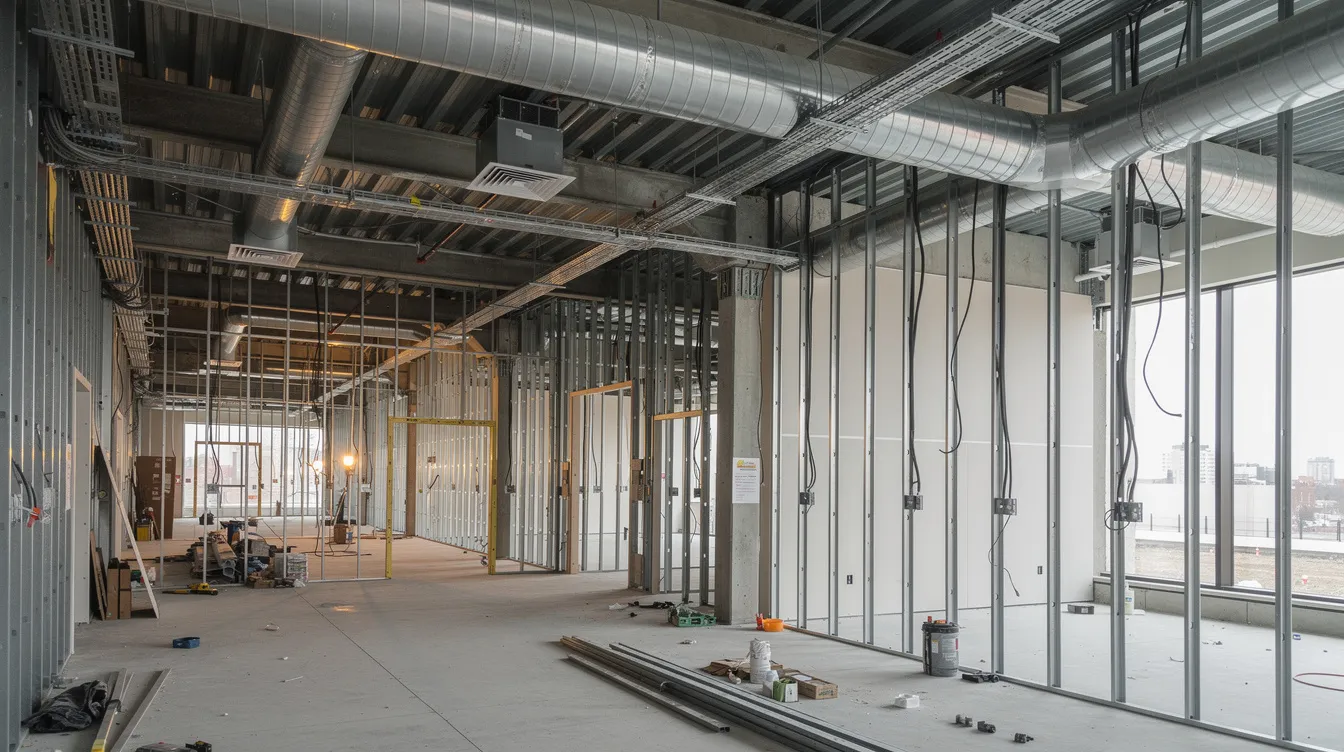 The image depicts a commercial office space under construction, showcasing exposed ceiling ductwork, framing, and visible electrical conduit, highlighting the intricate details involved in the build out process. This scene reflects the typical aspects of commercial construction, where labor costs and material costs contribute to the overall construction costs per square foot.