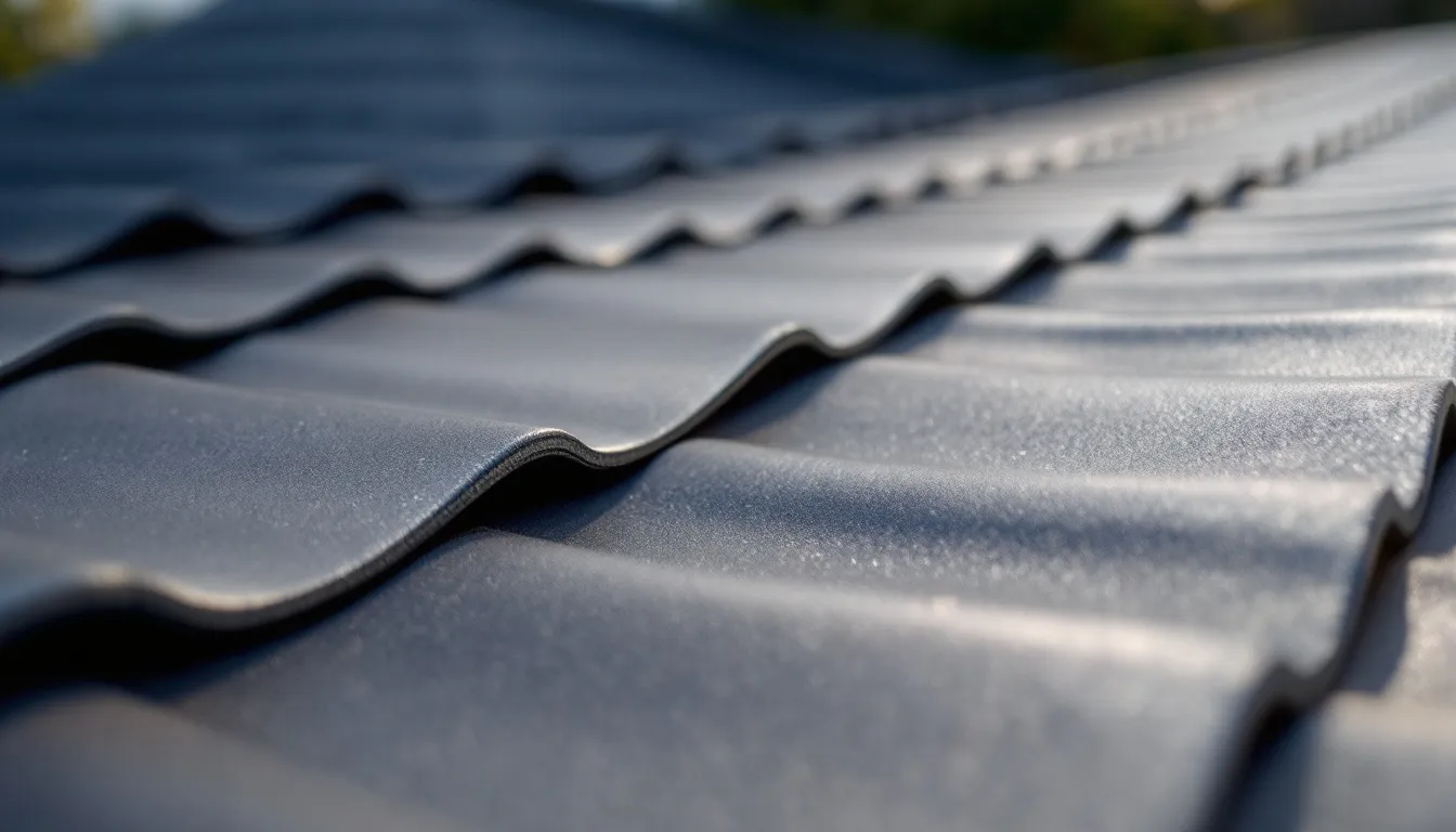 Eine Detailaufnahme von anthrazitfarbenen Solardachziegeln, die durch ihr Design kaum von normalen Dachziegeln zu unterscheiden sind. Diese Solardachziegel sind Teil einer modernen Indach-Photovoltaikanlage und bieten eine elegante Lösung zur Energieerzeugung auf dem Dach.