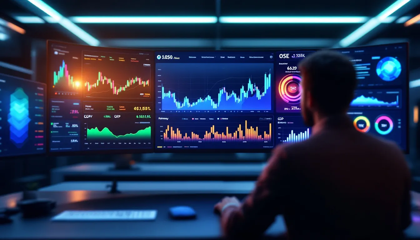 An overview of futures trading in Norway, featuring trading charts and a blurred trader in the background.