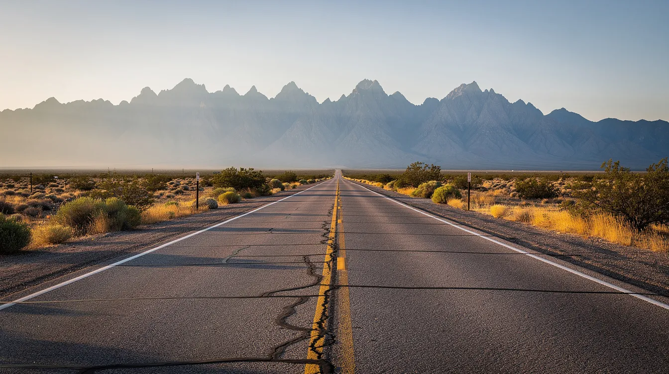 The image depicts a long highway leading towards majestic distant mountains, symbolizing the journey of auto transport services across New York. This scene evokes the essence of car shipping, emphasizing the connection between road travel and vehicle transport.