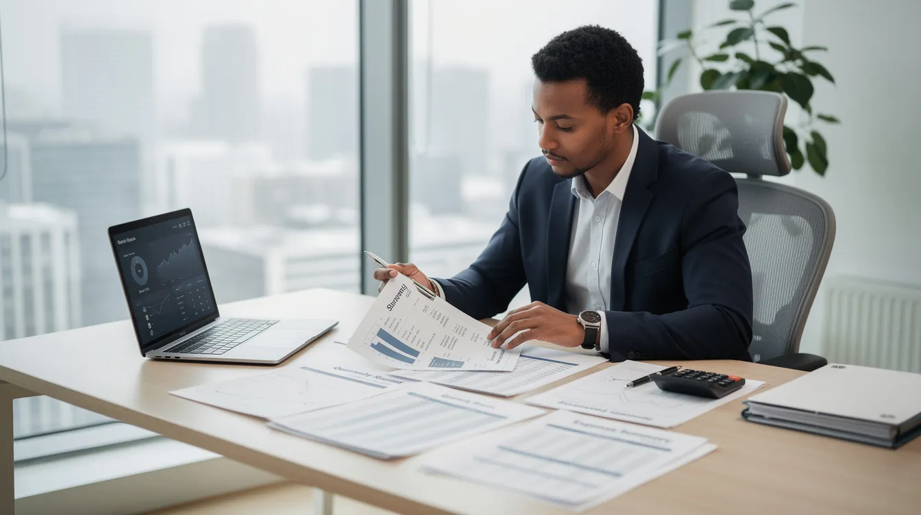 A self-employed professional is seated at a modern office desk, meticulously reviewing various financial documents related to retirement plans, including solo 401k and SEP IRA options. The workspace is organized, highlighting the importance of understanding contribution limits and tax benefits for self-employed individuals and small business owners.