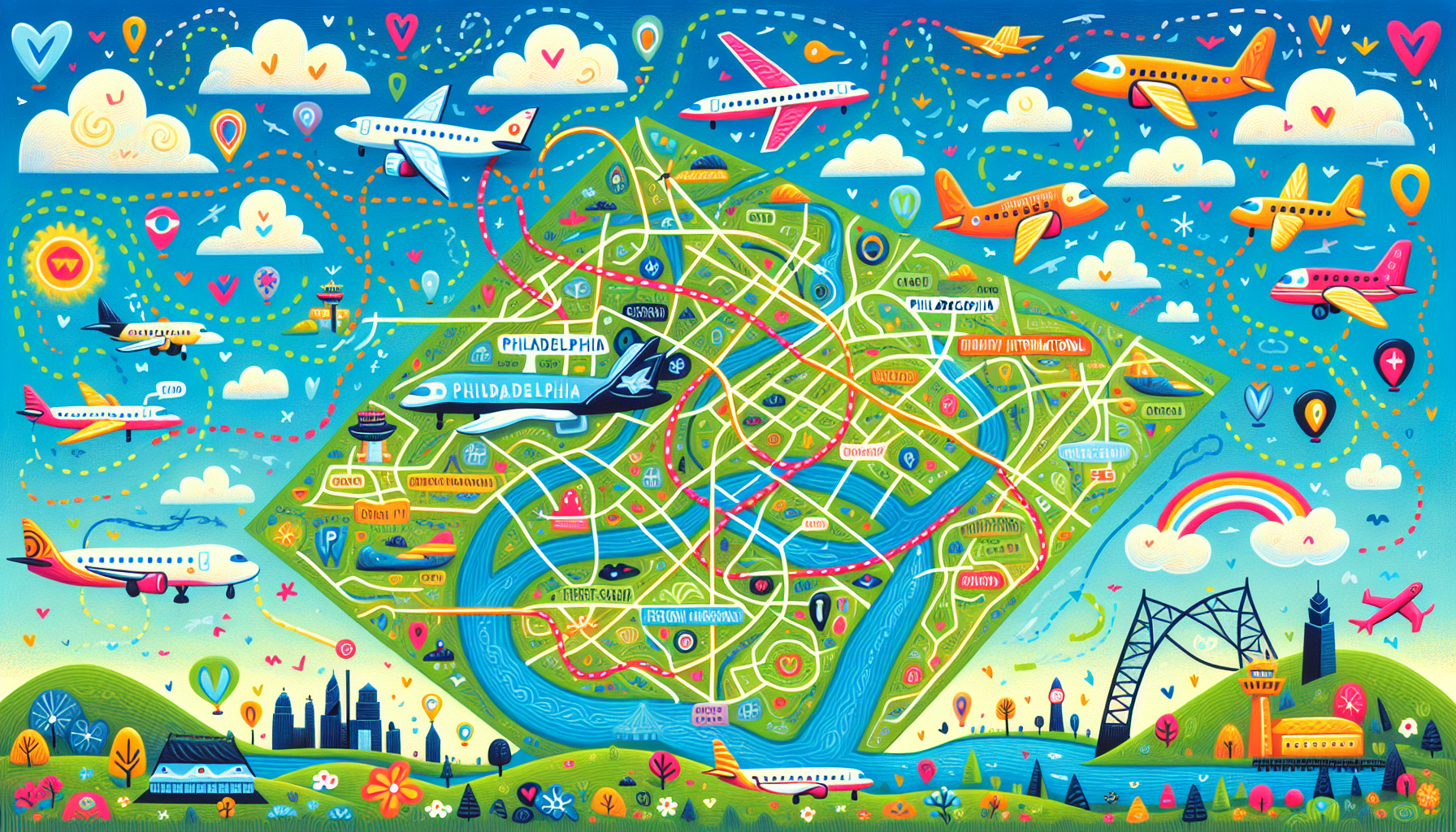 An illustration of popular airports near Philadelphia.