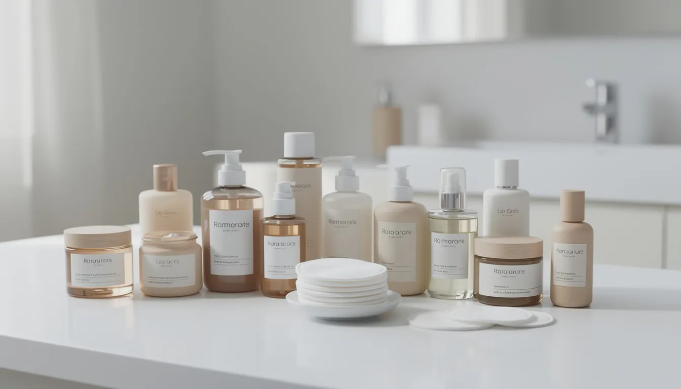 The image features an organized display of skincare products on a clean bathroom counter, including various bottles and cotton pads, ideal for removing stubborn makeup. Products like cleansing balms and micellar water are visible, which are perfect for sensitive skin and effectively remove waterproof eye makeup.