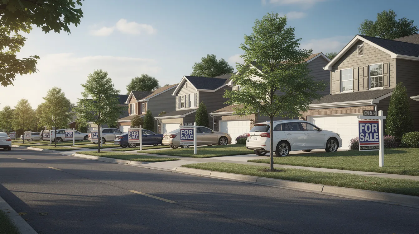 The image depicts a row of residential houses on a suburban street, each prominently displaying "for sale" signs, indicating potential opportunities for real estate investors interested in purchasing properties. This scene reflects the competitive real estate market, where savvy investors may seek financing options like hard money loans to capitalize on distressed properties.