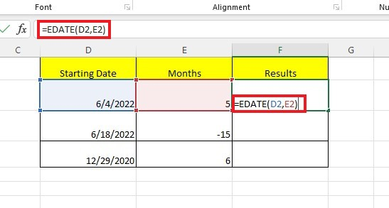 Type the EDATE function, the cell references of starting date, and the month's arguments.
