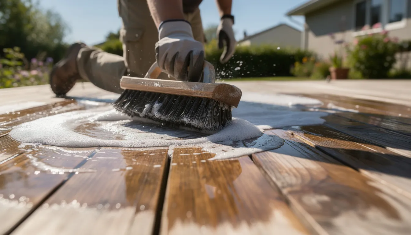 A person is vigorously scrubbing a weathered wooden deck with a stiff brush on a sunny day, working to remove stubborn mold and mildew stains. The scene suggests a thorough stain removal process, indicating the importance of cleaning mold to prevent future growth and musty odors.