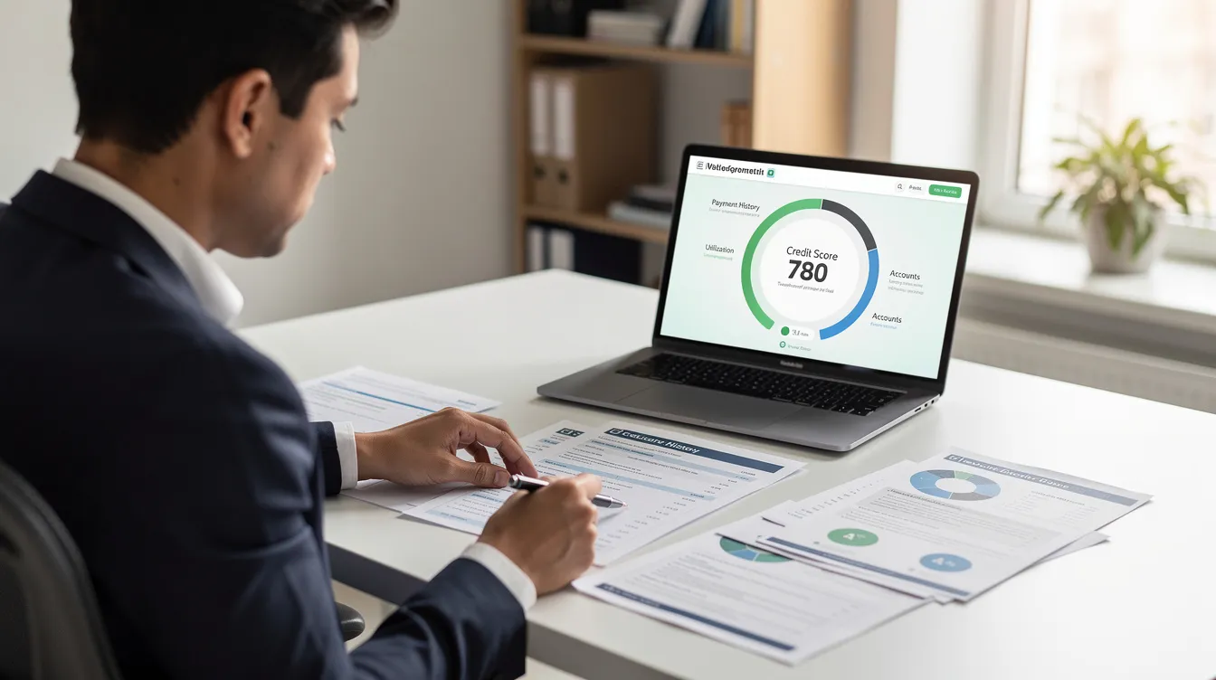 9a381c37 605b 460a a76f 08bb1772d376 The image shows a person sitting at a desk, intently reviewing financial documents alongside a laptop displaying a credit score dashboard. This scene reflects the process of evaluating personal loan options, including the assessment of bank statements and credit reports, which are crucial for understanding loan approval and potential mudra loan rejection reasons.
