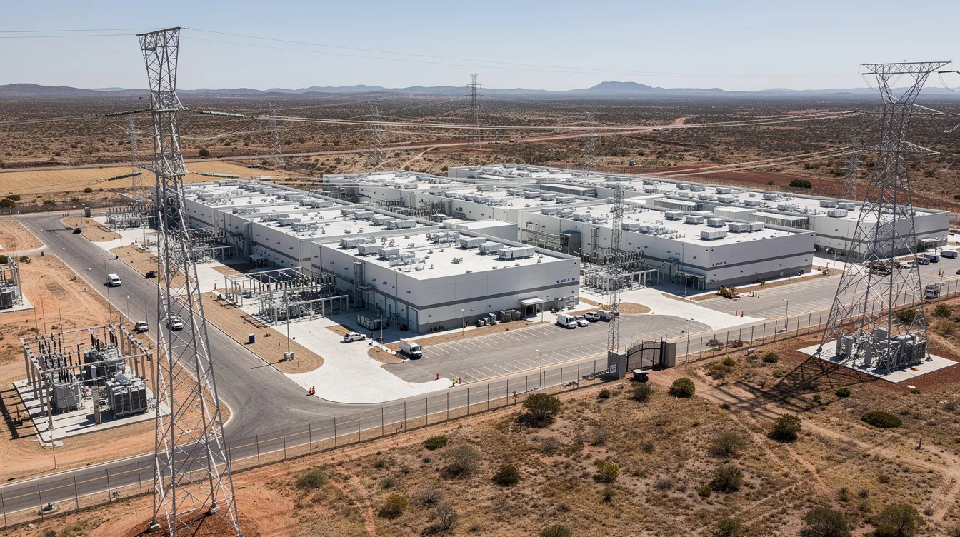 An aerial view showcases a vast data center campus nestled in a semi-arid landscape, surrounded by electrical substations and transmission infrastructure. This digital infrastructure ecosystem highlights the growing data center industry, essential for cloud computing and renewable energy sourcing.