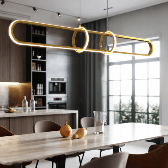 Linear LED pendant light with glowing circular accents above a dining table.