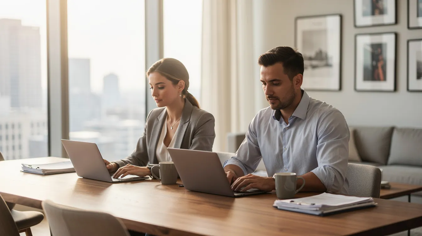 The image depicts a couple, both dressed in professional attire, engaged in a conversation while working from home, highlighting their shared commitment to their careers and mutual respect in their romantic relationship. This scene reflects the modern dating life where both partners prioritize equality and support each other's professional ambitions, challenging traditional gender roles.