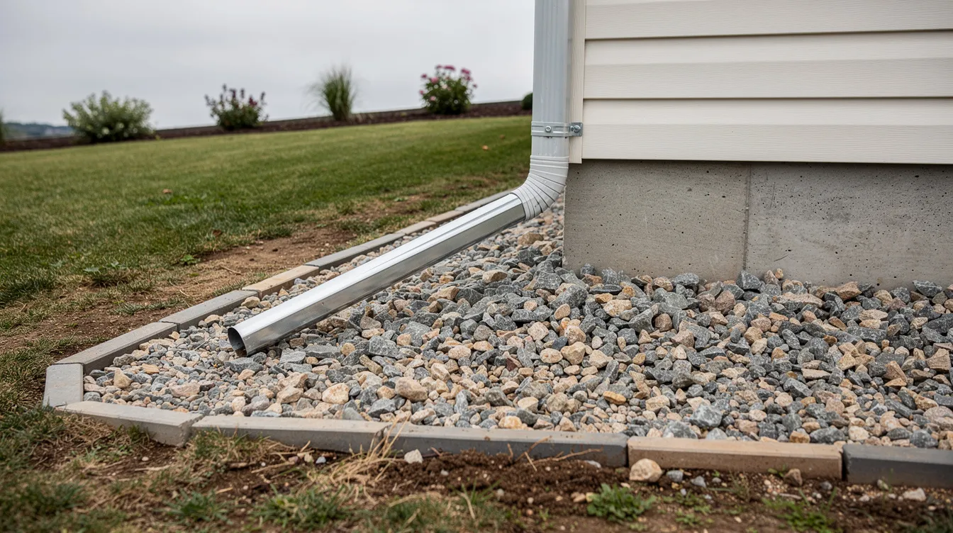 The image shows a downspout extension attached to a residential home, effectively directing rainwater away from the concrete foundation into a gravel bed to ensure proper drainage and prevent potential water damage. This installation is part of a gutter system that protects the property from costly repairs and enhances the home's overall maintenance.