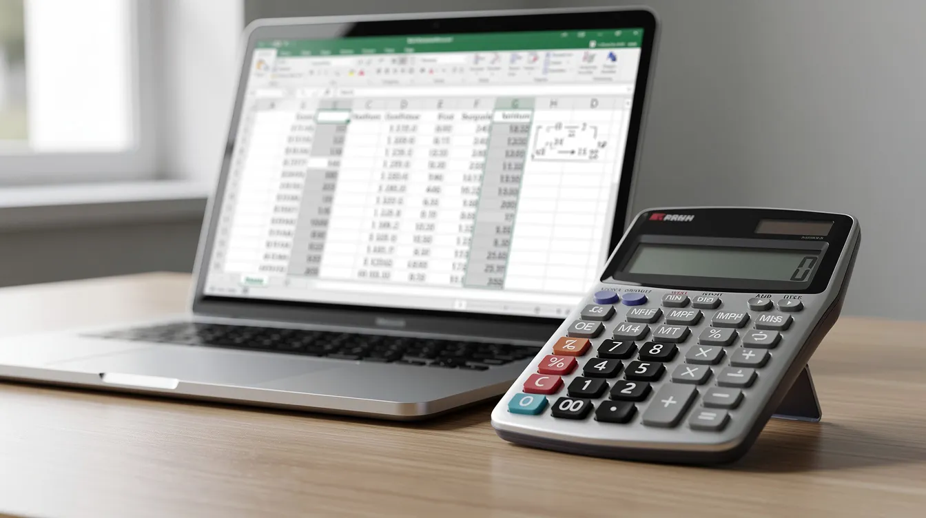 Na obrazku znajduje się kalkulator oraz ekran z arkuszem Excel, na którym widoczne są różne dane finansowe, takie jak aktywa obrotowe, zobowiązania długoterminowe oraz bilans otwarcia. Elementy te są niezbędne do analizy gospodarki finansowej działalności i sporządzania sprawozdań finansowych.