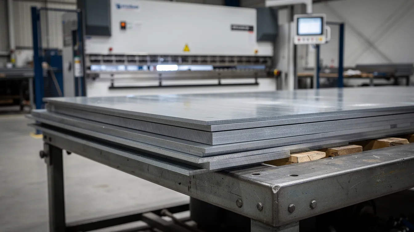 The image shows a collection of stacked sheet metal sheets of varying thickness on a workshop table, with a CNC press brake visible in the background. This setup highlights the bending process used in metalworking, where different material thicknesses are prepared for bending into precise shapes and angles.