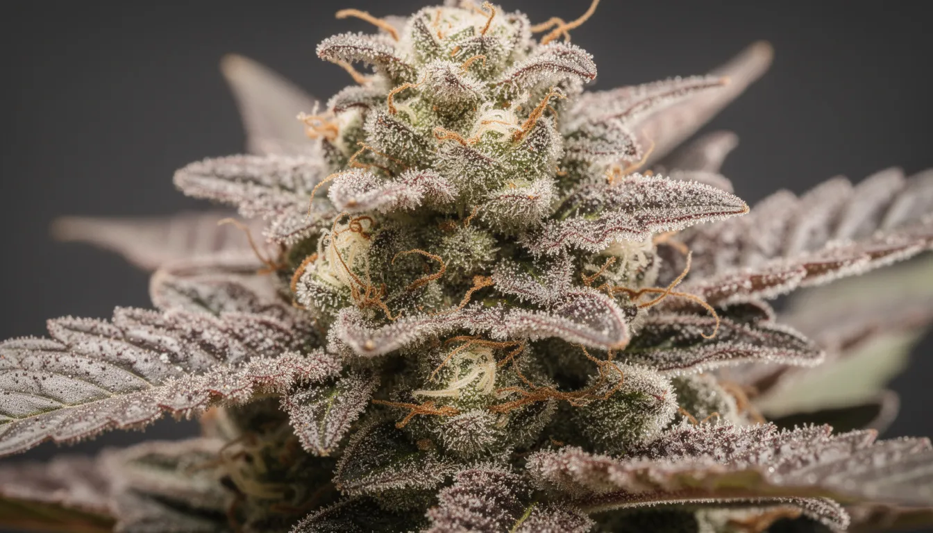 Nahaufnahme einer Cannabisblüte, deren kristalline Trichome im Licht funkeln. Diese Blüte zeigt eine hohe Konzentration aktiver Cannabinoide, die für die Qualität und Wirkung von Cannabisprodukten entscheidend sind.