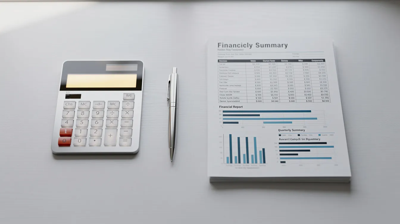 The image shows a calculator, a pen, and financial documents neatly arranged on a clean desk surface, suggesting a workspace focused on managing personal loans and finances. This setup may be used for tasks like calculating loan amounts or reviewing terms for private loans.