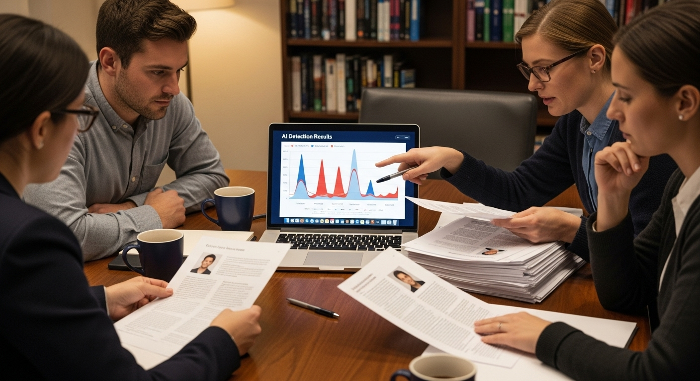 College admissions panel carefully reviewing AI detection results alongside full applicant profile.
