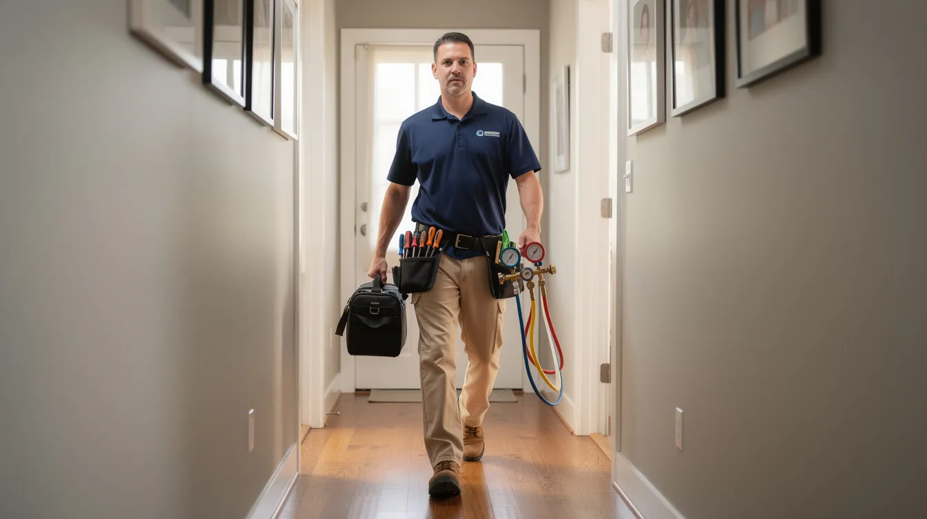 An HVAC installer is seen carrying a set of tools through a clean, well-lit residential hallway, ready to provide air conditioning installation services for a new system. The technician's professional demeanor reflects expertise in HVAC equipment and a commitment to home comfort.