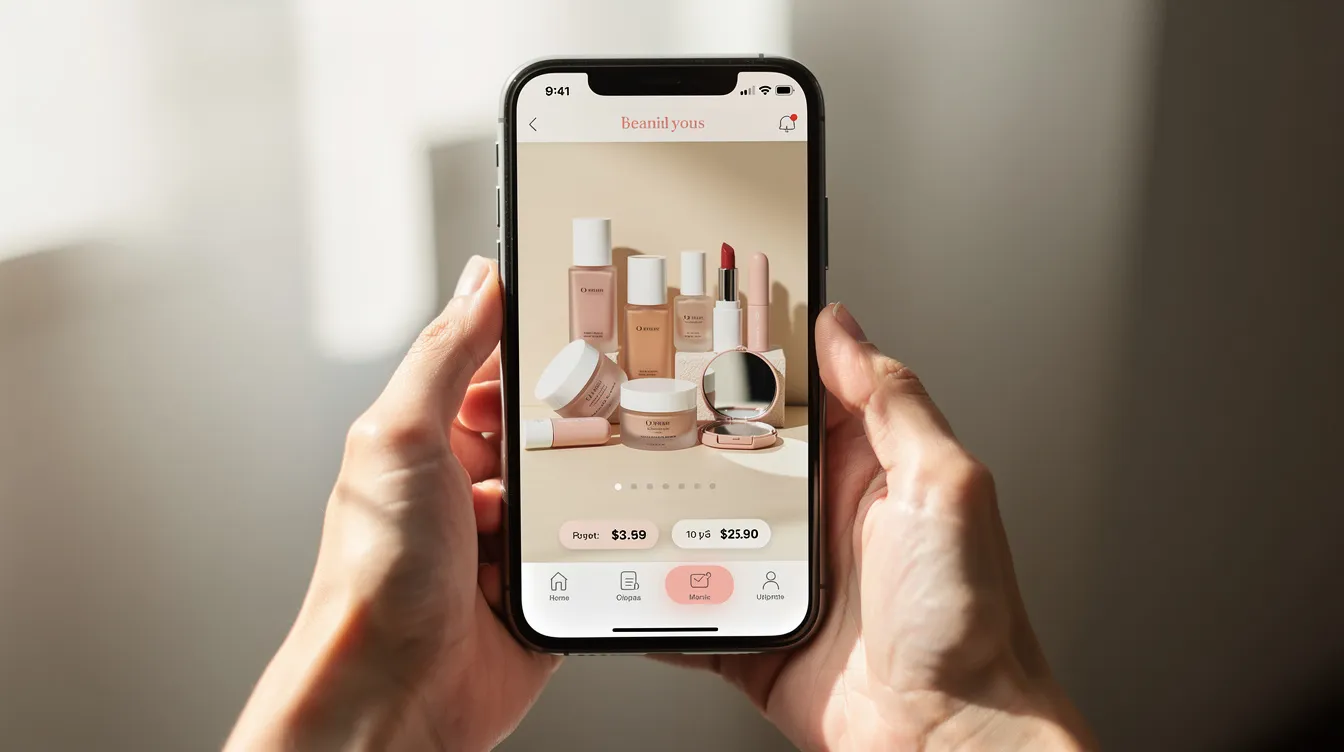 Hände halten ein Smartphone, auf dessen Bildschirm eine Sammlung von Beauty-Produkten zu sehen ist, darunter Make-up und Parfüms. Die Darstellung zeigt die Vielfalt der Produkte und inspiriert zu einem Einkaufserlebnis in der Flaconi-App.