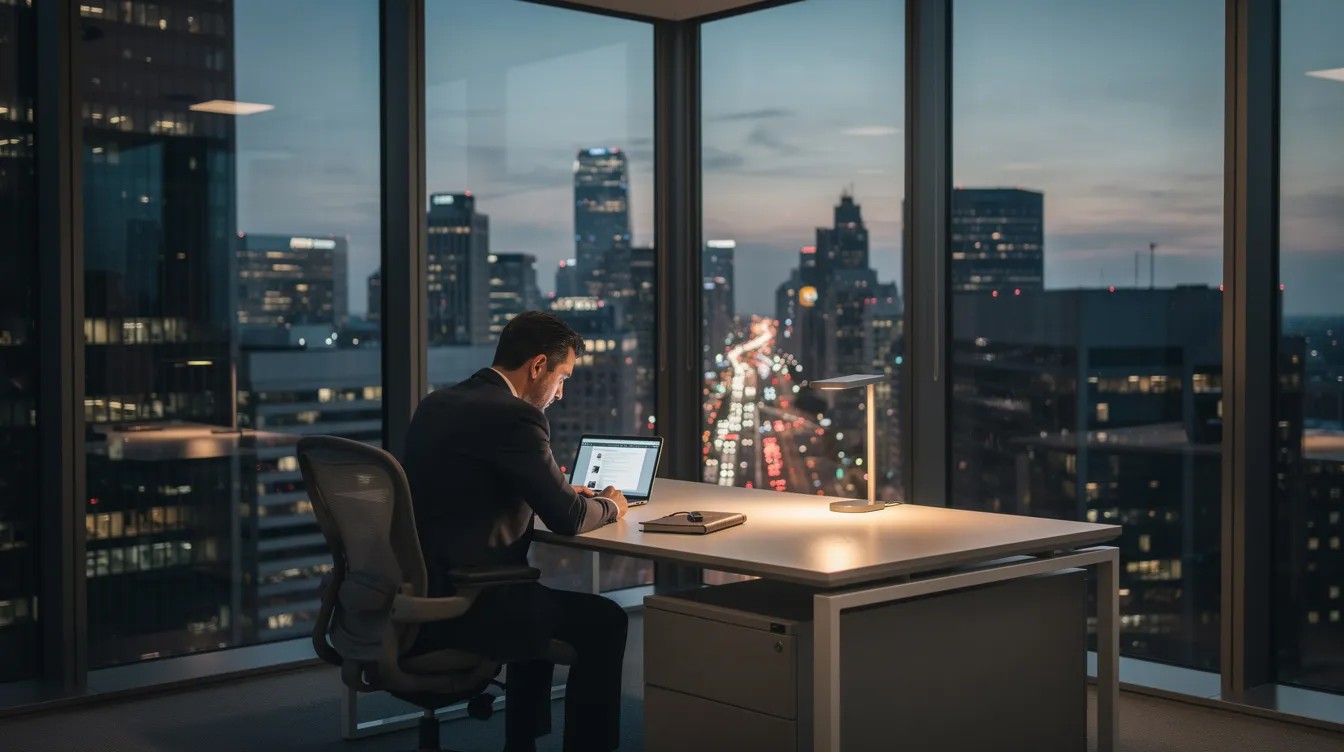 High-functioning professional joining an online men's therapy group from his Manhattan high-rise office at dusk