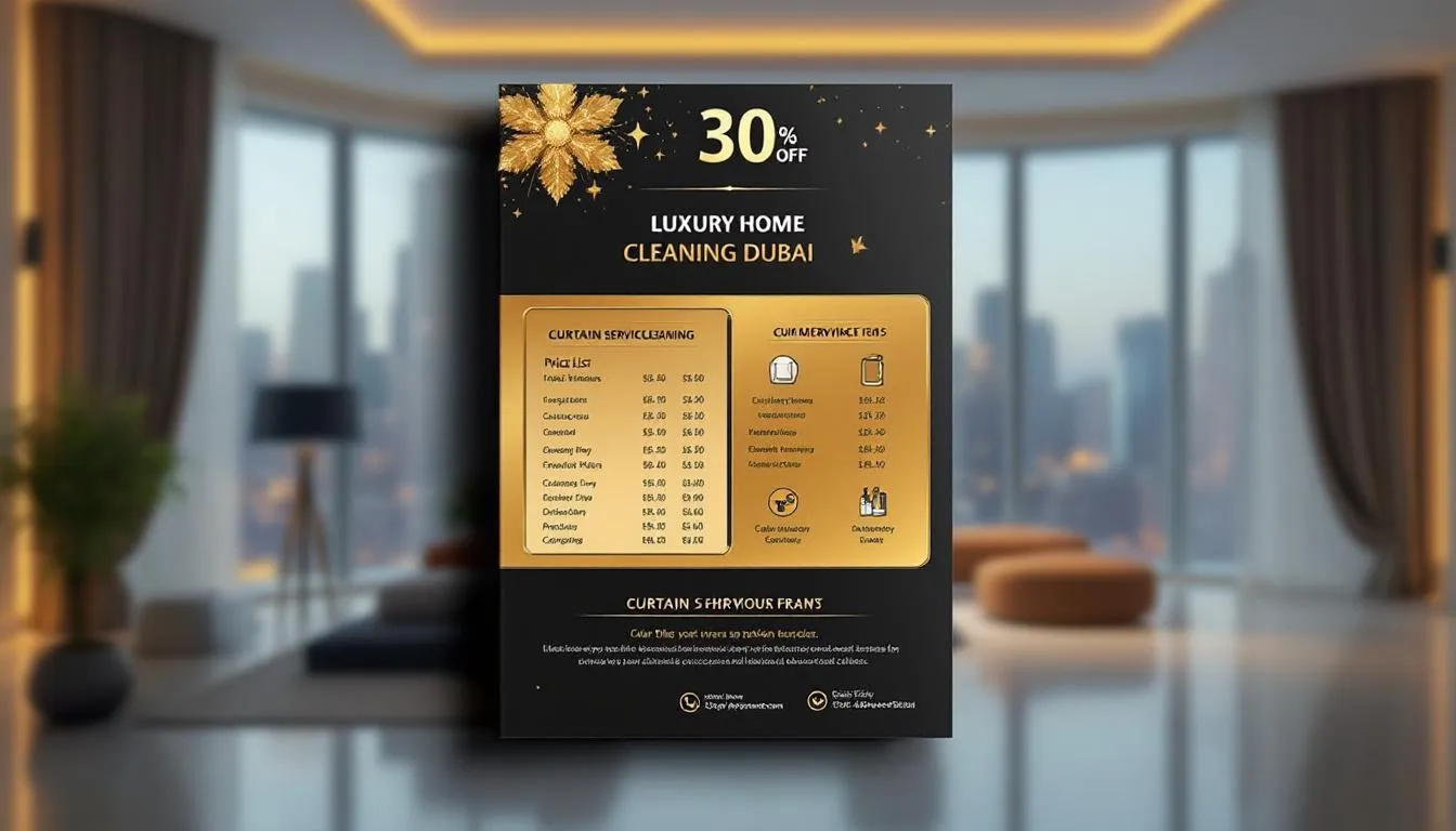 A visual representation of curtain cleaning costs in Dubai, featuring a price list and cleaning service items.