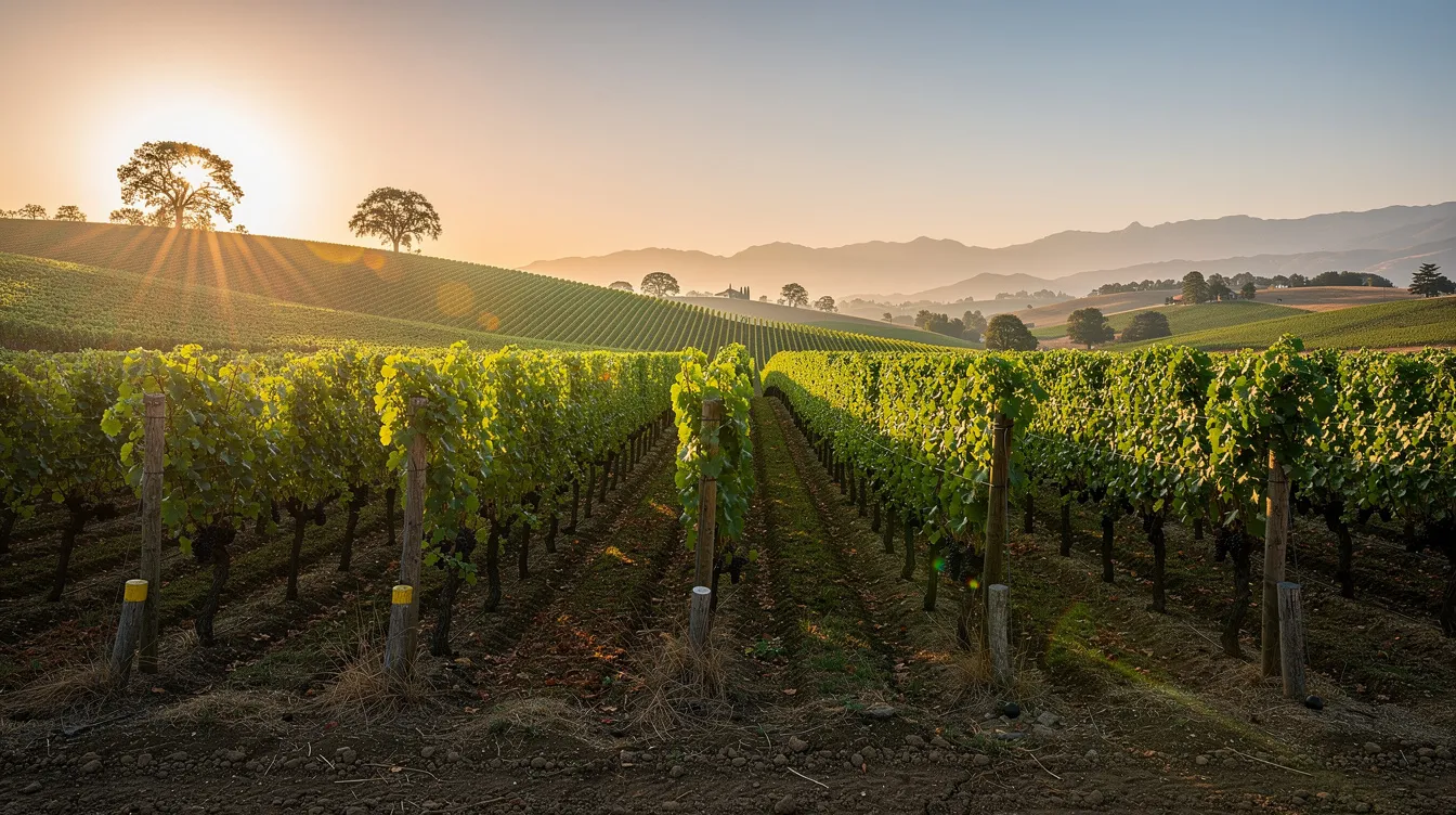 The image depicts a serene vineyard landscape with neatly arranged rows of grapevines stretching across rolling hills, illuminated by warm sunlight. This picturesque scene reflects the beauty of wine production, which is a part of the local culture in Morocco, where alcoholic beverages can be found in licensed establishments.