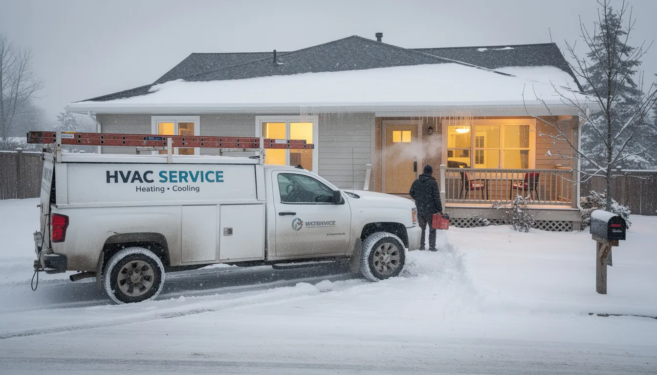 An HVAC truck is parked outside a house covered in snow, indicating a service visit for a furnace tune up. The scene highlights the importance of regular maintenance for heating systems during the winter season to ensure optimal performance and energy efficiency.