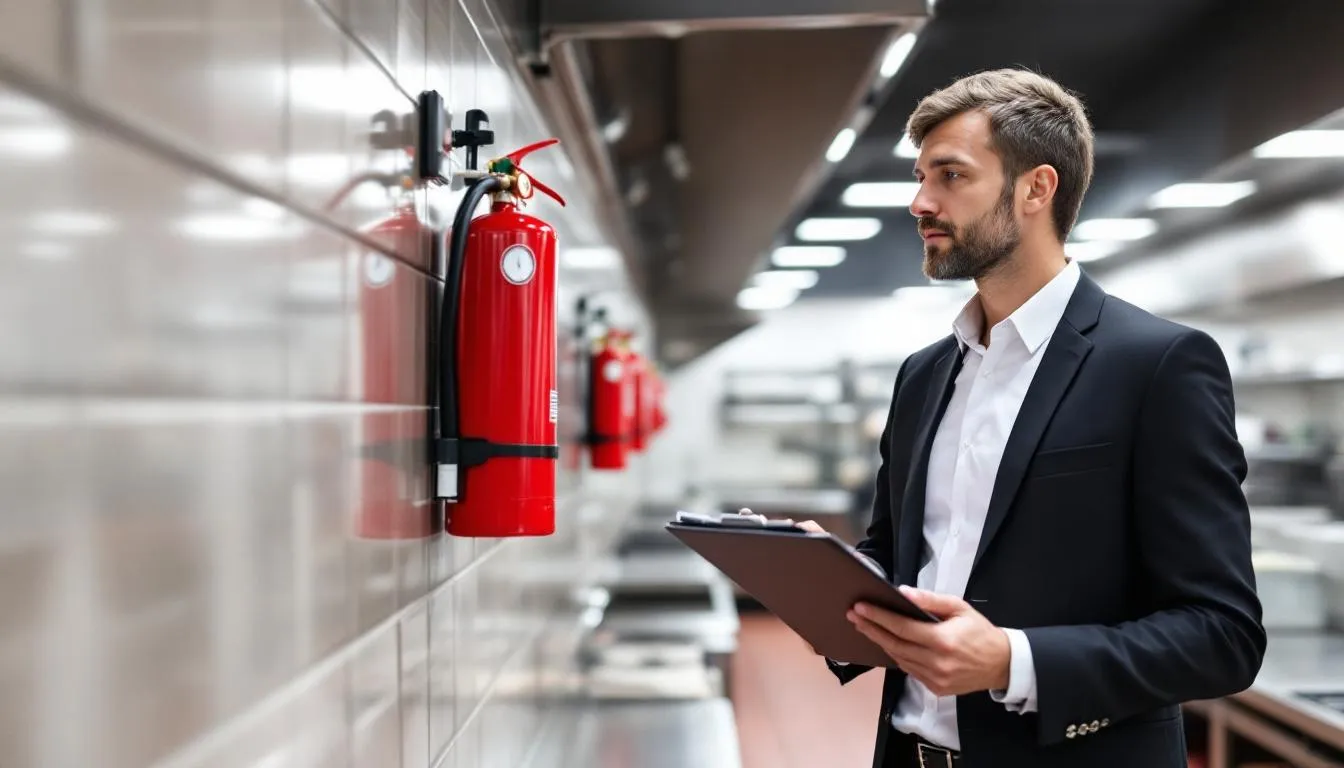 In a restaurant setting, an audit manager is conducting a fire extinguisher inspection, checking the portable fire extinguishers for visible damage and ensuring they meet fire safety standards. The inspection includes verifying the pressure gauge and reviewing the fire extinguisher inspection tag to confirm compliance with monthly fire extinguisher inspection requirements.