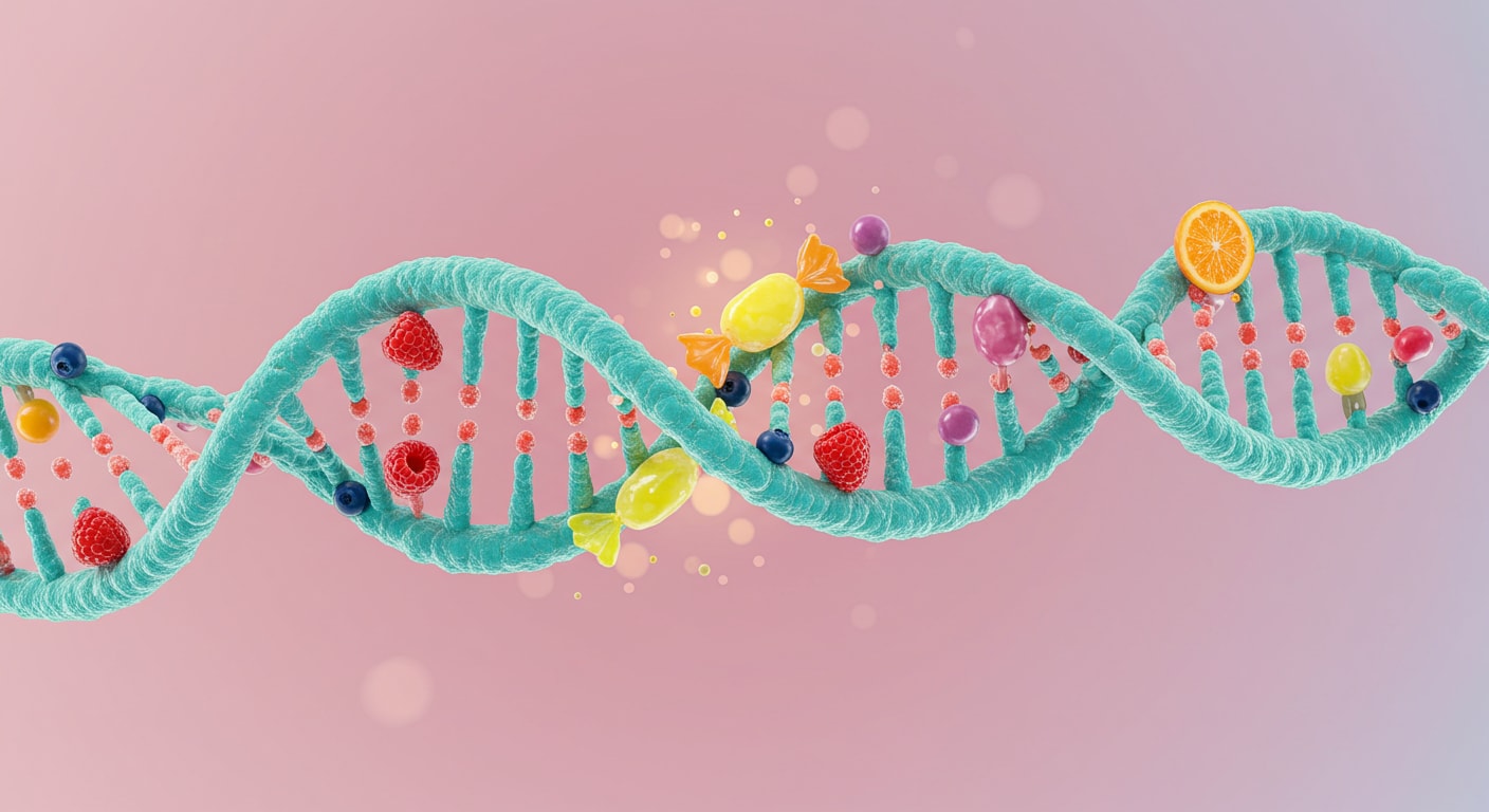An image of a DNA strand that is morphing into flavor elements like candies and fruits