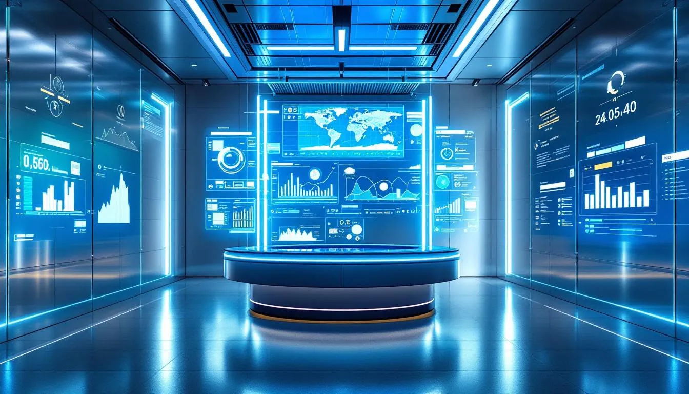 The image depicts a futuristic network operations center featuring holographic displays and advanced monitoring systems, illustrating the principles of secure access service edge (SASE) and zero trust architecture. The environment emphasizes enhanced security measures, continuous verification, and strict access controls to protect sensitive data and ensure secure network access.