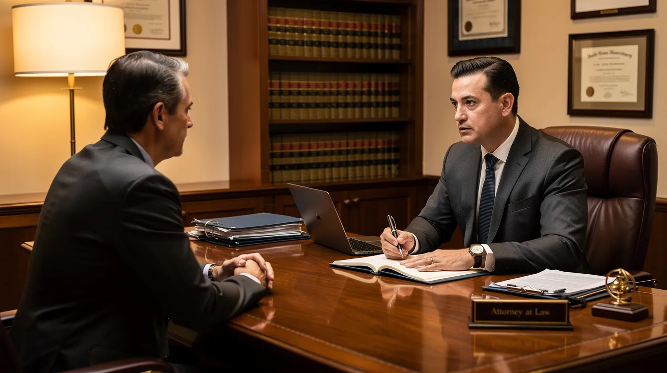 A professional attorney is meeting with a client at a desk in a warmly lit office, discussing important aspects of their social security disability claim. The atmosphere suggests a focus on providing legal representation and support for navigating the complexities of disability benefits and the application process.