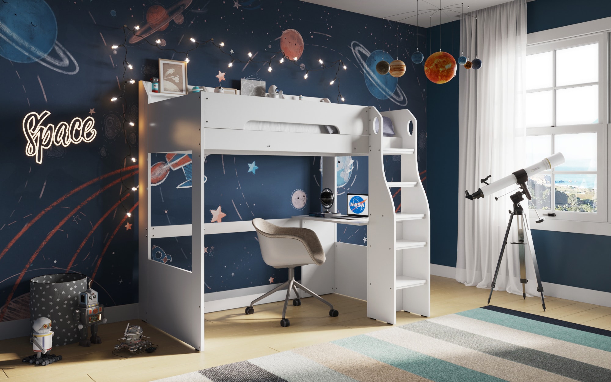 A highsleeper bed with desk below and space-themed wallpaper behind.