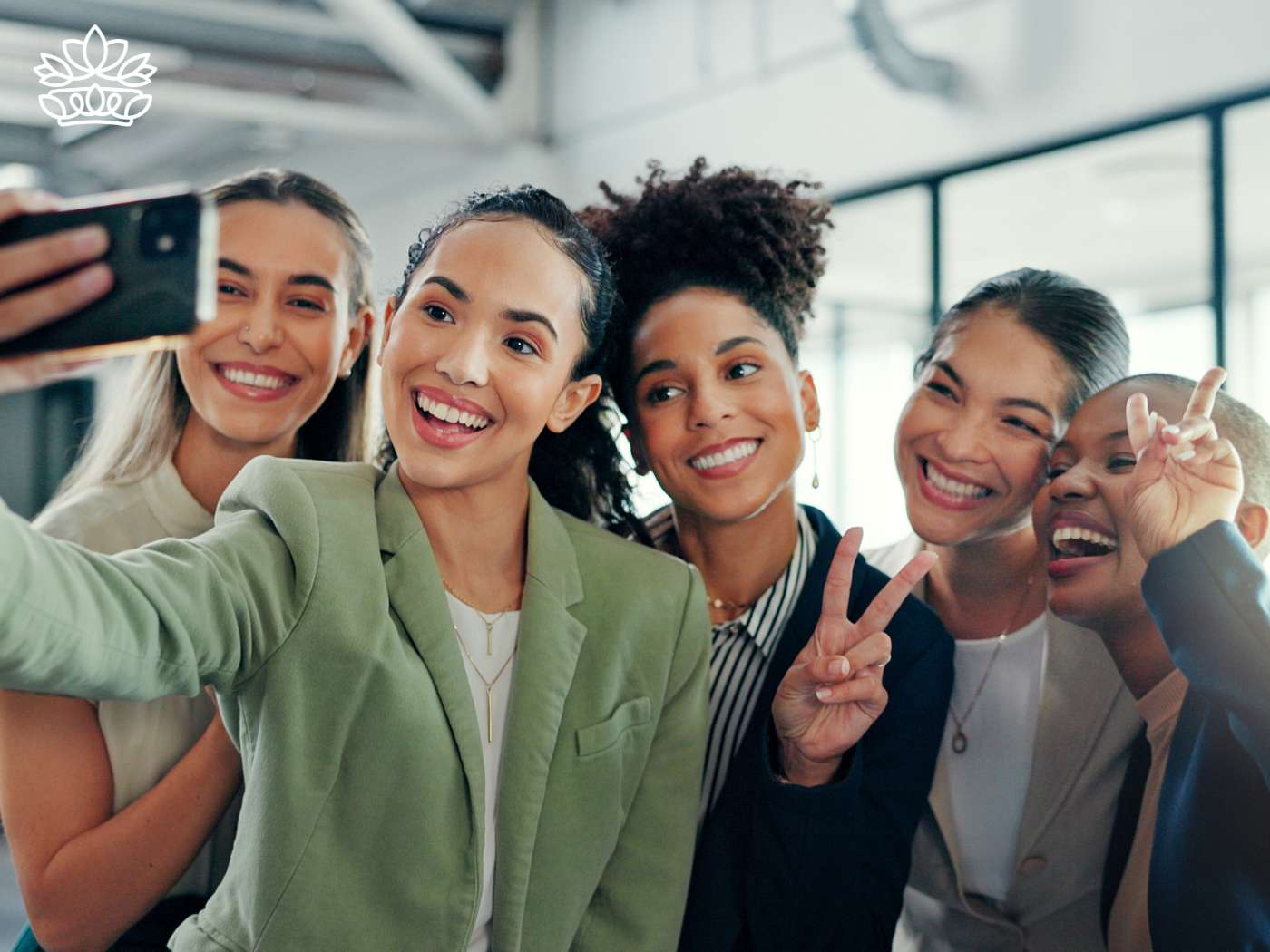 A vibrant group of coworkers capturing a fun selfie, their smiles reflecting the joy of sharing unique gift ideas from the Farewell Flowers and Gifts box by Fabulous Flowers and Gifts. This collection offers creative and heartfelt ways to celebrate and appreciate each other's company.