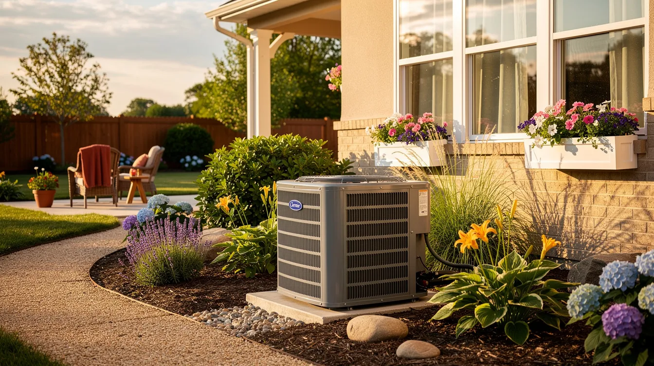 A modern grey air conditioner condenser unit is positioned beside a charming residential home in Newark, Ohio, surrounded by a lush garden filled with vibrant flowers and healthy shrubs. The scene, illuminated by warm afternoon sunlight, showcases the AC unit nestled naturally among the blooming perennials, highlighting the beauty of both the air conditioning system and the thriving outdoor landscape.