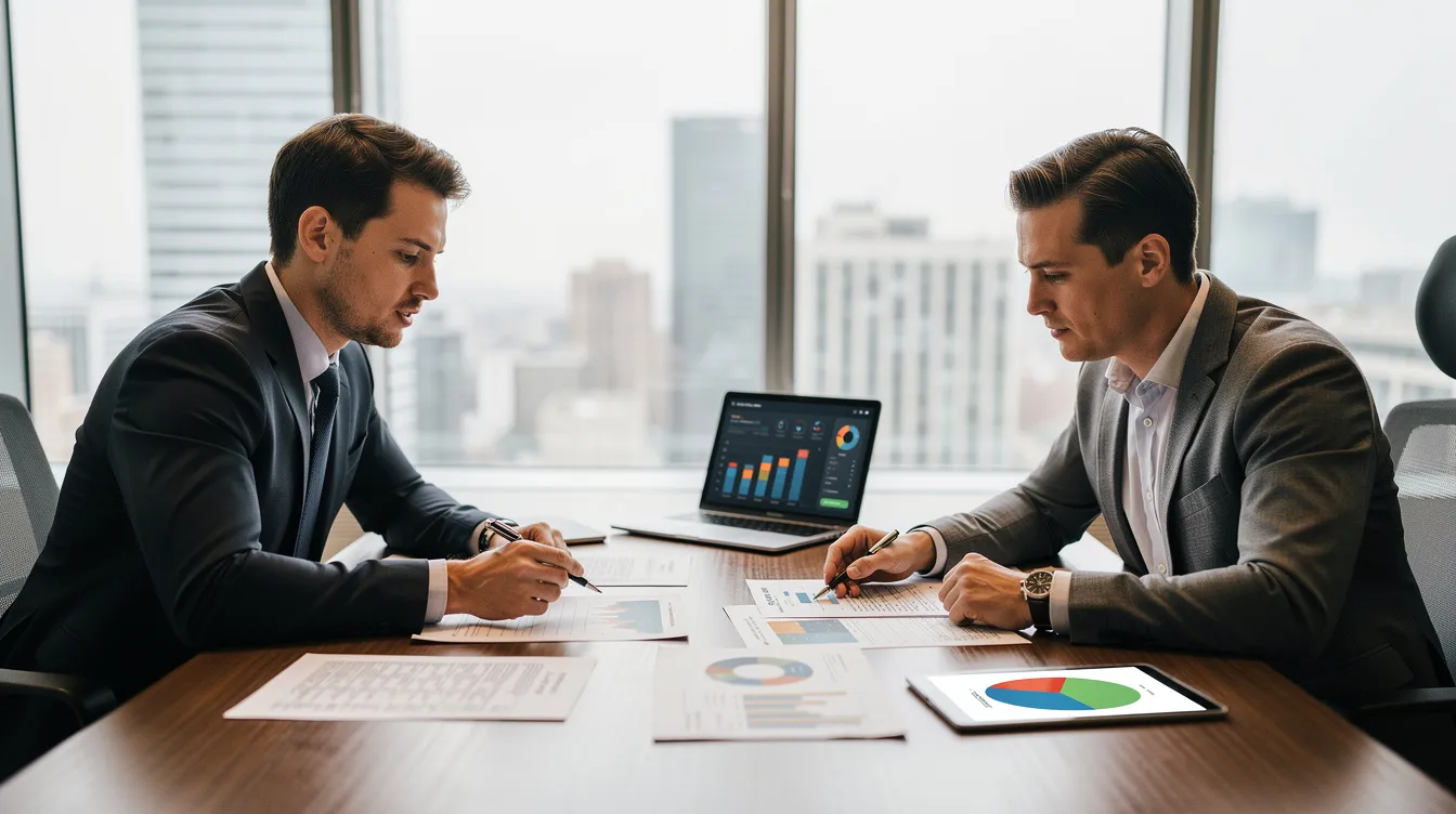 9a4839e8 9890 4134 9f67 5fd1b48bb41b The image depicts a professional meeting between a financial consultant and a business owner, who are reviewing a detailed project report related to a dairy farm project. They are discussing financial projections, including aspects like bank loans and operating costs associated with milk production, while surrounded by documents and a laptop.