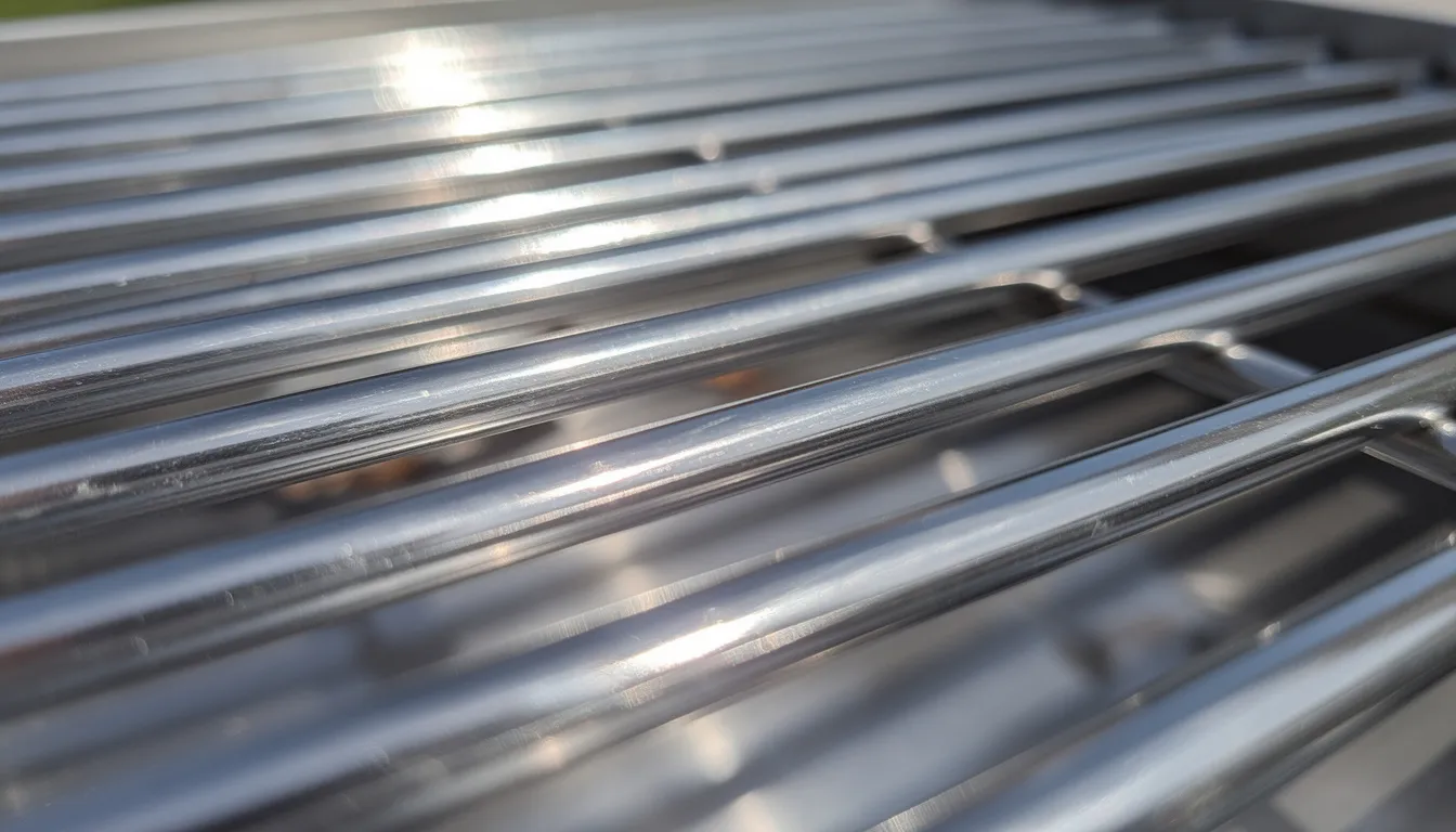 The image shows a close-up of gleaming chrome grill grates that reflect sunlight, showcasing the results of a professional BBQ cleaning service. The clean grates highlight the effectiveness of steam cleaning and the attention to detail provided by experienced technicians in maintaining a safe and efficient barbecue cooking environment.