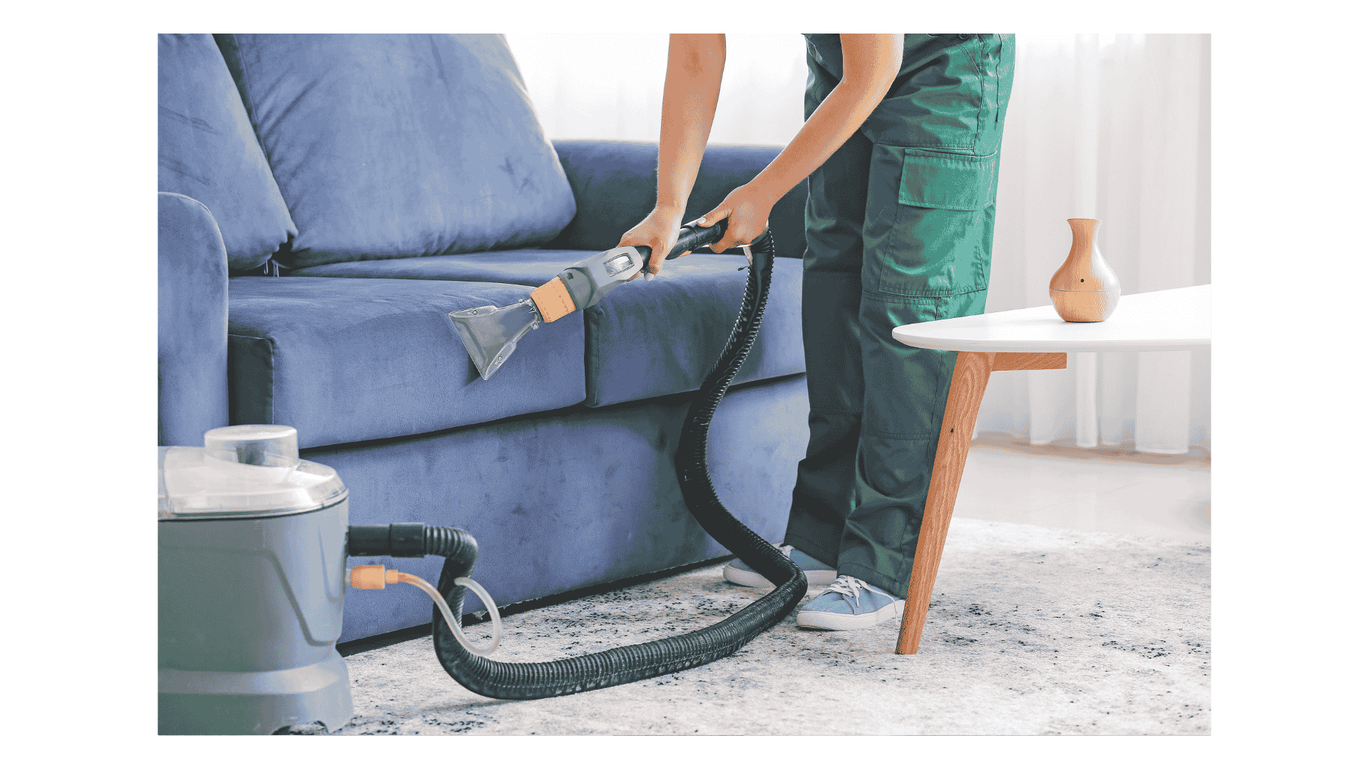 blue sofa being shampoo cleaned 